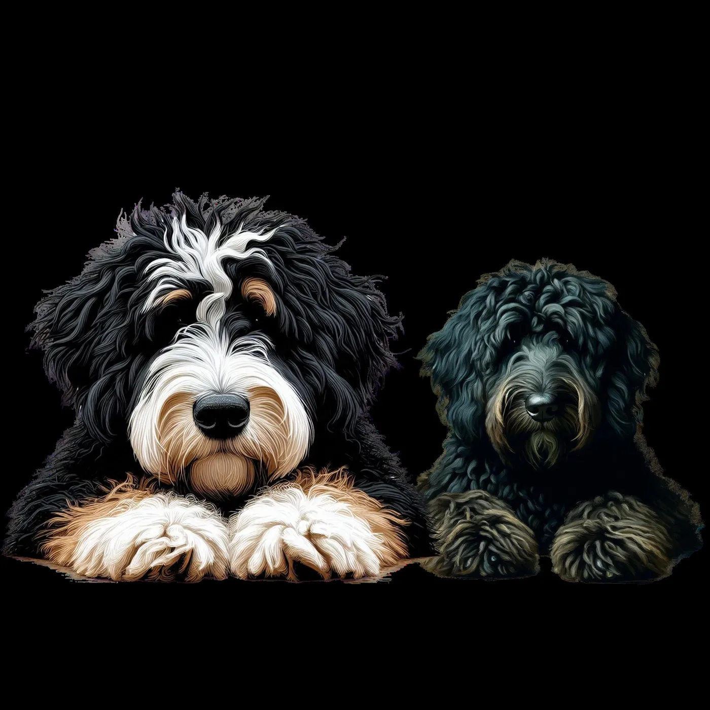 Illustration of Bernie and Teddi lying side by side on a black background