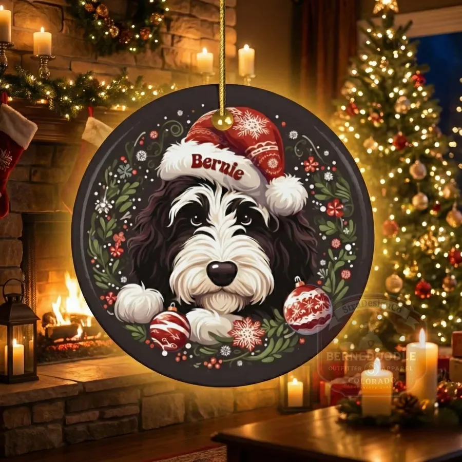 The Bernie ornament: a Bernedoodle in a Santa hat reading Bernie, framed by a winter wreath, hanging in front of a glowing fireplace and Christmas tree
