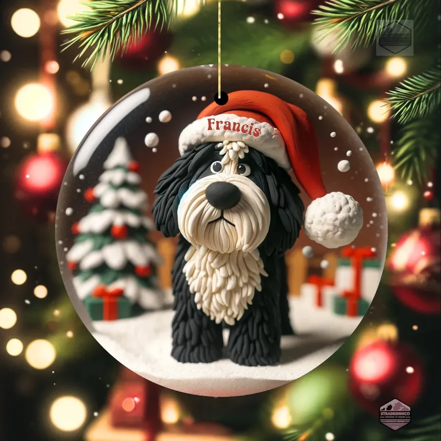 Clay-look black and white doodle ornament in a Santa hat reading Francis