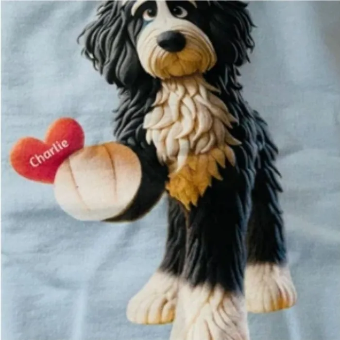 Light blue sweatshirt with a Bernedoodle holding a heart that reads Charlie