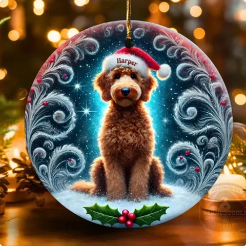 Goldendoodle ornament with frosty swirls and holly, personalized Harper
