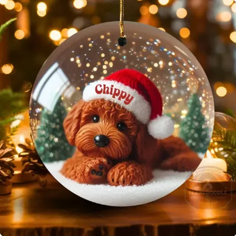 Red mini-doodle snow globe ornament personalized Chippy