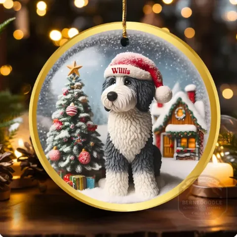 Clay-look Sheepadoodle ornament beside a Christmas tree, personalized Willis