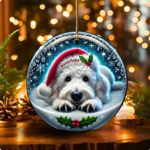 White Goldendoodle ornament lying in snow, personalized Snowflake