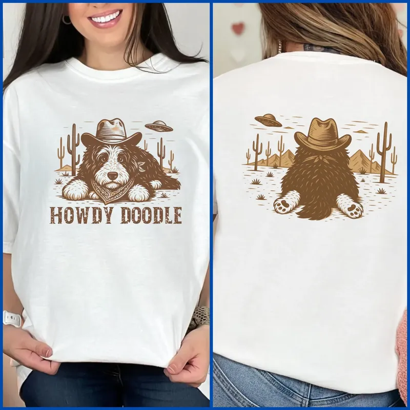 White tee with a doodle in a cowboy hat and bandana among cacti, reading Howdy Doodle, with a rear view on the back