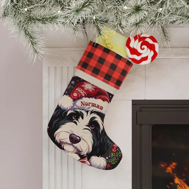 Christmas stocking with a buffalo-check cuff and a close-up doodle portrait in a Santa hat reading Norman