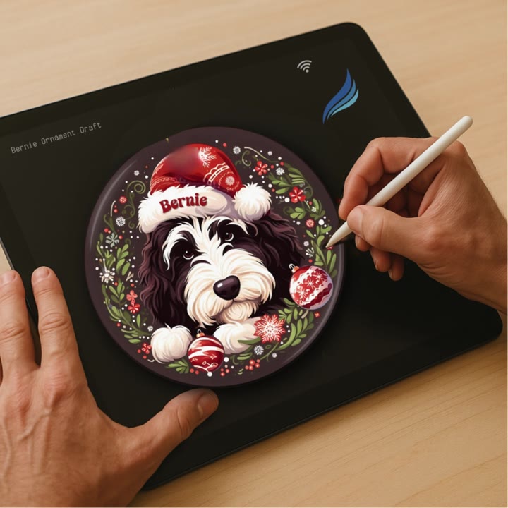 An ornament design being refined with a stylus on a drawing tablet
